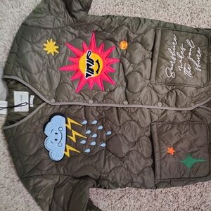 First Row Women's Olive Green Quilted Jacket with Colorful Patches Nwt